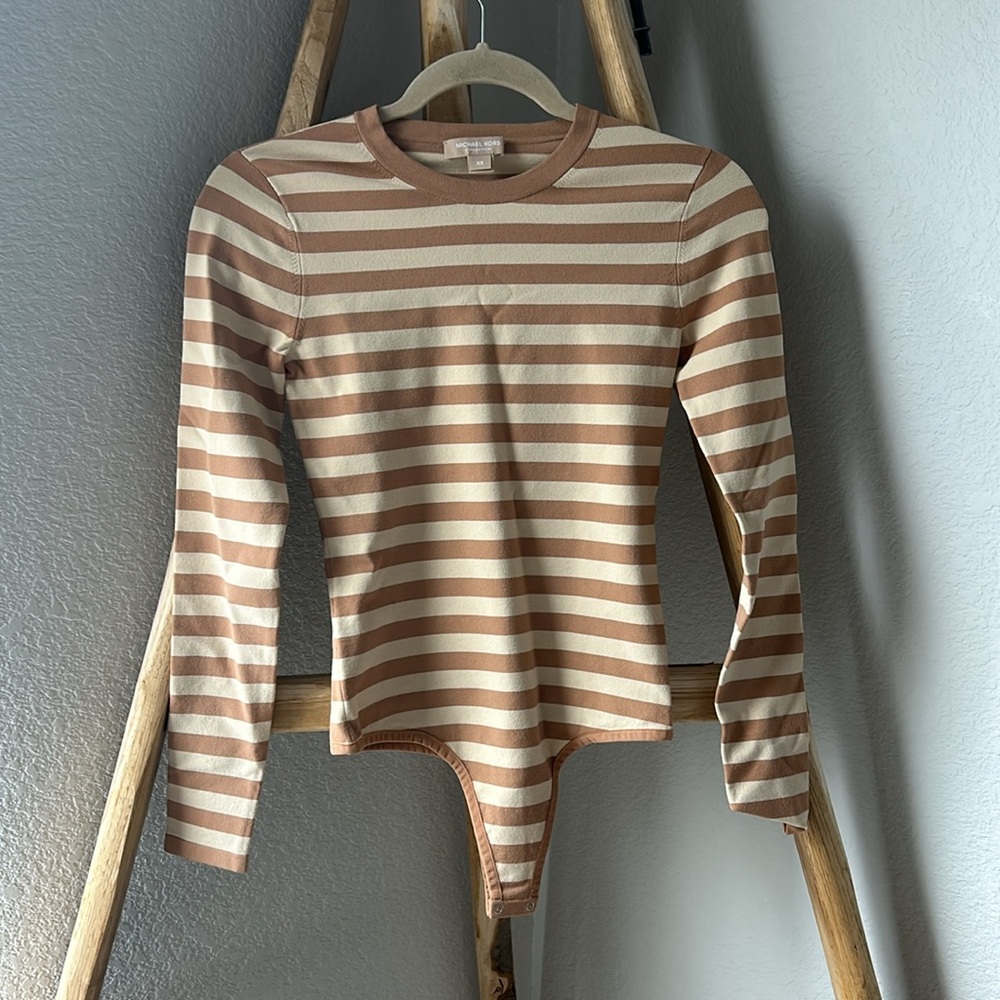 Michael Kors Collection Striped Stretch-Italian Viscose Bodysuit, Size XS - Picture 4 of 6
